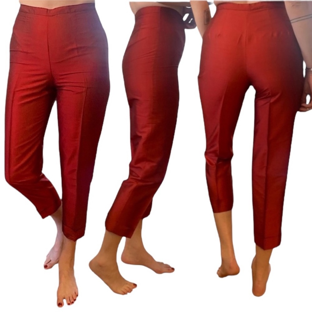 Vintage 90s GIANNI Petite 100% Silk Red Cuffed Cropped Pants High Waist Trousers